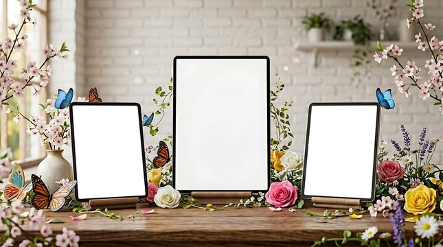 Three picture frames on a wooden table with flowers and butterflies