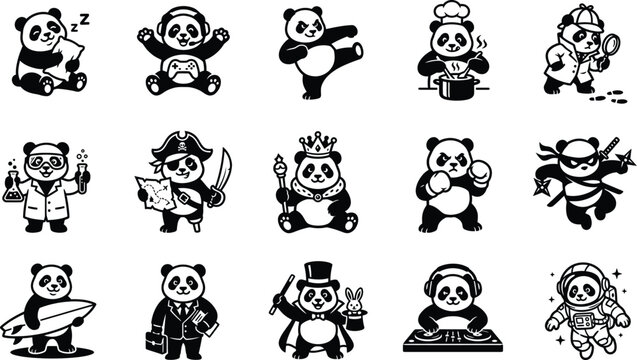 Silhouette of various pandas in different professions and activities