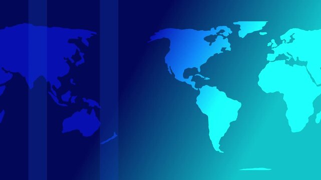 Stylized world map and turquoise gradient background with glowing continents and modern abstract design animation