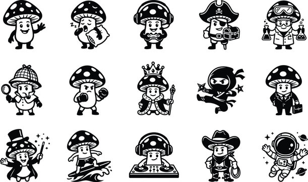 Silhouette of various cartoon mushroom characters in different professions and activities