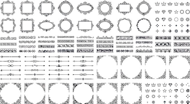 Set of vintage decorative frames, borders, dividers, and design elements isolated on white background