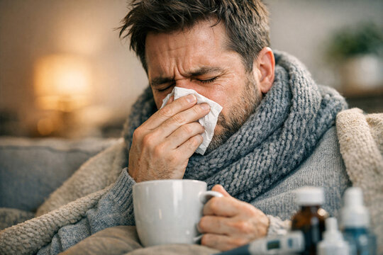 A man with a runny nose blowing it into a tissue while crying