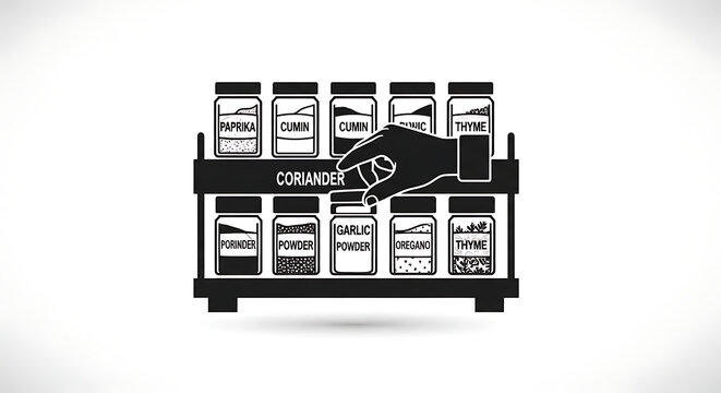 Hand reaching for a spice jar on a rack with various seasoning labels