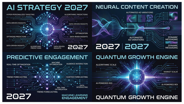 Ai strategy and neural content creation infographic set featuring quantum growth and predictive engagement models artificial intelligence strategy creation predictive engagement learning