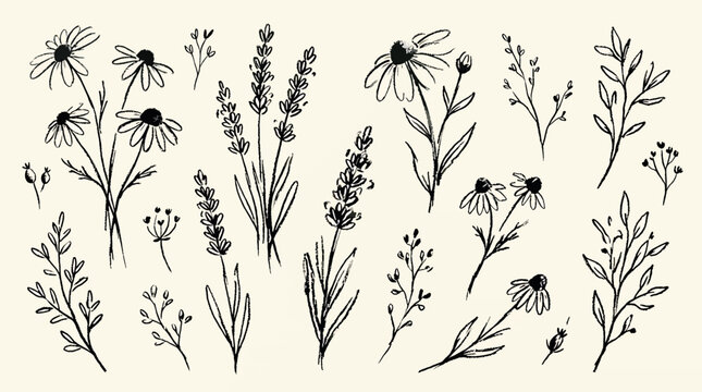 Hand drawn floral set with wildflowers, lavender and chamomile flowers, botanical sketch elements isolated on white background
