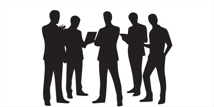 Black silhouettes of people sitting at desks and standing while working on laptops and digital tablets isolated on white background,