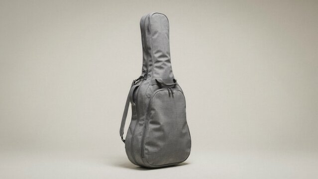 Guitar gig bag stands upright against a plain background ready for a traveling musician to take on a long tour.