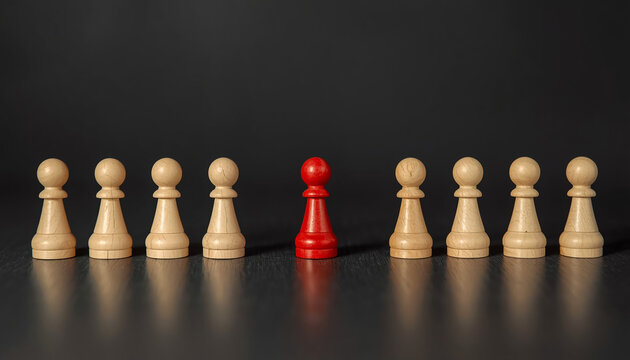 Standing Chess Pawns with One Red Leader Piece on Dark Reflective Surface Minimalist Style