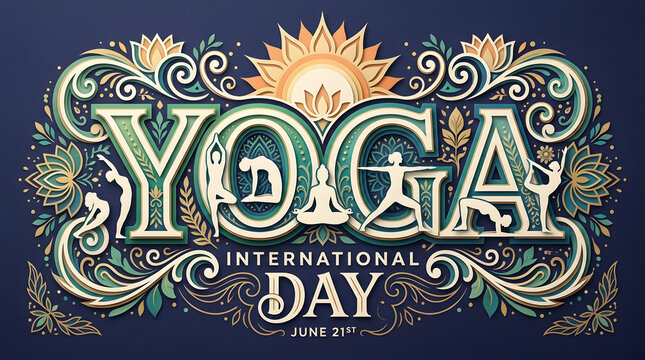 International yoga day artistic typographic poster with intricate decorative floral elements