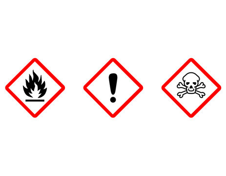 Three GHS hazard pictograms: flammable, irritant, and toxic symbols on a white background, indicating chemical dangers and safety warnings.