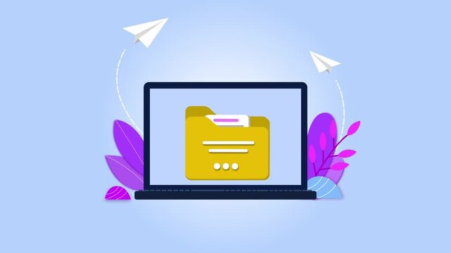 Laptop Animation with Folder Icon and Paper Planes