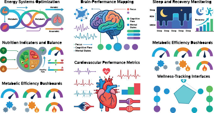 Biohacking and health optimization infographic elements vector bundle featuring brain performance mapping metabolism dashboards cardiovascular tracking and sleep analysis charts
