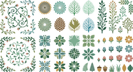 Decorative floral ornaments and rustic leaf icons vector set featuring geometric botanical shapes frames and folk art flowers for wedding stationery branding design © AntarChandra