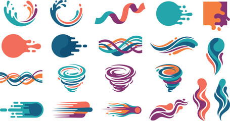 Dynamic abstract speed and motion icons vector set featuring wave splashes swirling tornadoes comet lines and liquid elements for corporate logo branding identity design assets © AntarChandra