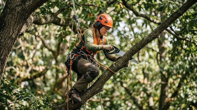 A female arborist wearing a protective helmet carefully cuts a tree branch while suspended in a safety harness. The scene highlights professional tree surgery work.