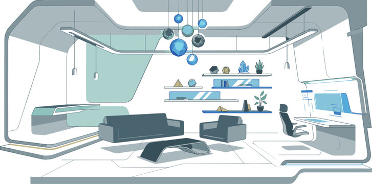 Futuristic high tech executive office lounge interior vector featuring minimalist workspace computer desk modern furniture and sci-fi home decor architecture concept