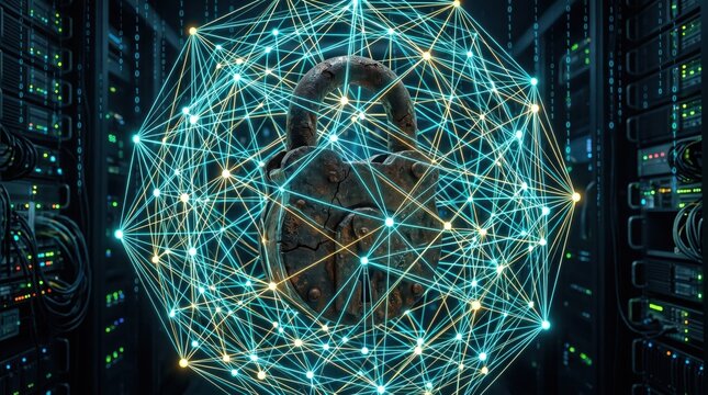 Padlock encased in a glowing geometric network of blue and gold nodes represents robust cybersecurity within a massive server farm.