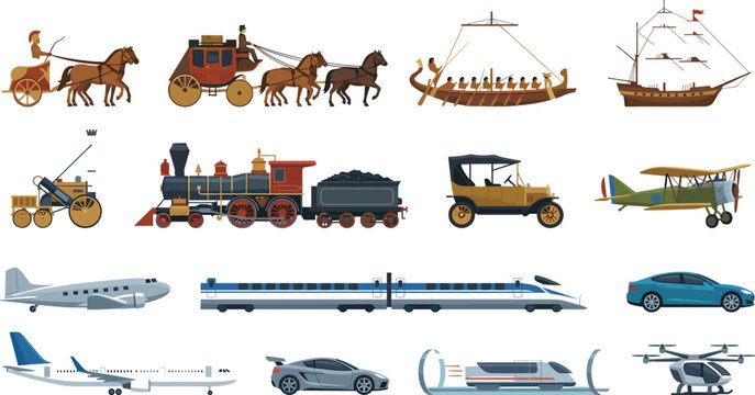 Historical evolution of transportation vector set showing horse chariots steam locomotives early automobiles modern bullet trains and futuristic hyperloop capsules for education website marketing