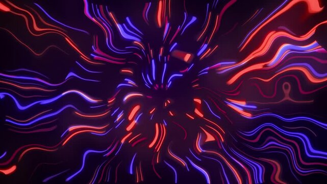 Neon fluid lines radiating on dark background animation