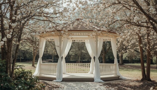 There is a gazebo in the middle of a park surrounded by trees