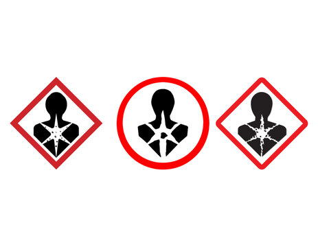 Three GHS Health Hazard pictograms, two in red diamonds and one in a red circle, indicating serious health risks from chemical substances.