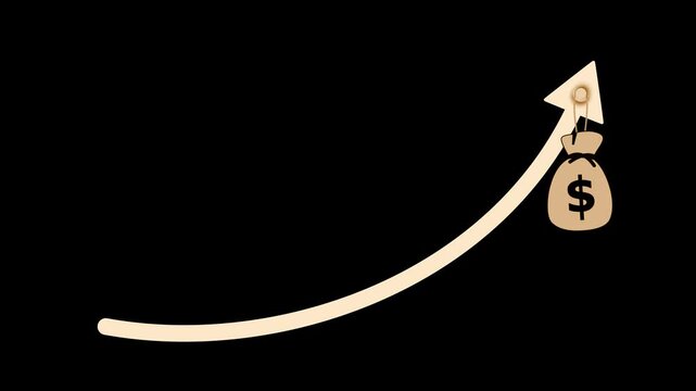 Upward arrow carrying money bag animation, Upward curved arrow animated