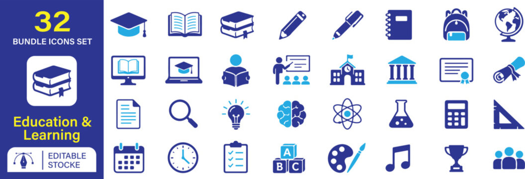 Education and Learning fill icon line set. Academic, education, student, learning, certificate, exam editable stroke icons. Vector illustration