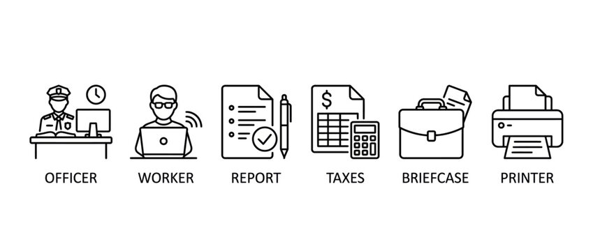 Set of business and office icons including officer, worker, report, taxes, briefcase, printer