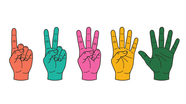 Colorful vector illustration showing human hands counting numbers from one to five with vibrant textures