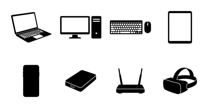 Technology Icons Set: Laptop, Desktop Computer, Keyboard, Mouse, Tablet, Smartphone, Hard Drive, Router, VR Headset