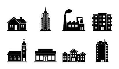Diverse Building Icons Set, Residential Home, Skyscraper, Factory, Apartment Block, Church, Shop, School, High-Rise © Shilpi