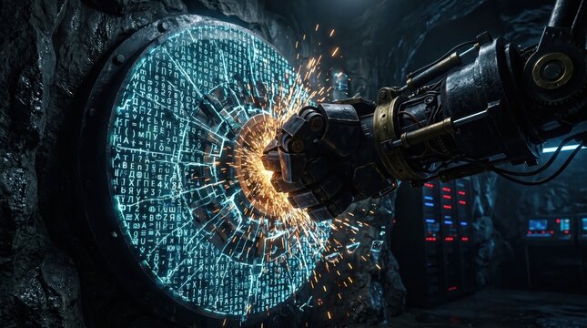 Robotic mechanical fist punches through a glowing digital firewall screen creating sparks and shattered geometric shards in a dark industrial space.