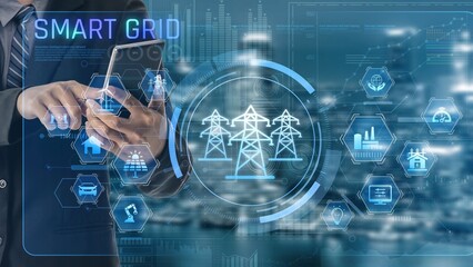 Obraz premium Smart grid system integrating renewable energy sources, energy storage, smart inverters, and demand response for efficient, decentralized, and modern power distribution Marrow