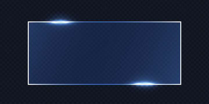 Large transparent glass banner with blue neon light borders. Clear text box for tech dashboard UI. Vector art