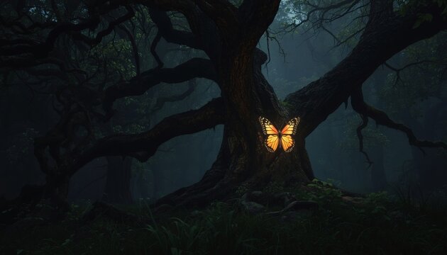 There is a tree that has a window in it in the middle of the woods