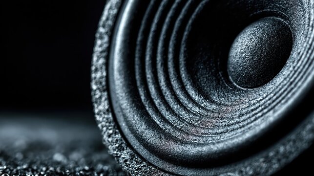 Extreme close up of a textured black speaker cone with detailed concentric ripples