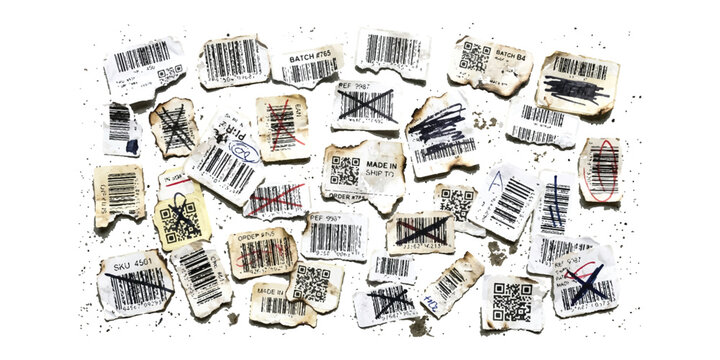 Many torn and scratched barcode and qr code stickers scattered in a messy pile