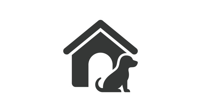 Minimalist dark grey vector illustration featuring a simple dog house icon with a seated puppy