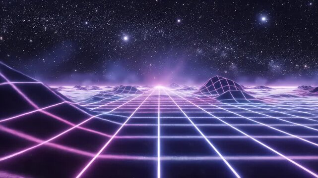 A futuristic digital landscape stretches out under a starry sky.
