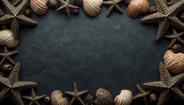 Starfishs and seashells are arranged in a circle on a black background