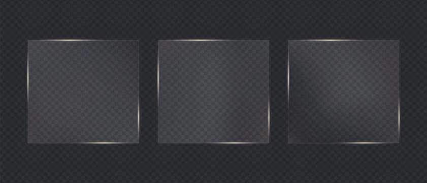 Glassmorphism transparent frames set. Clear glass text boxes for futuristic UI and web design. Vector illustration