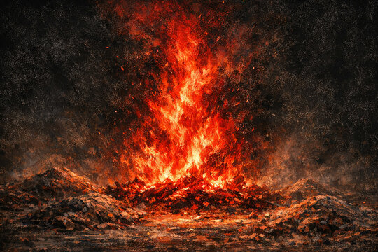 A dramatic scene of intense red and orange flames engulfing a darkened landscape with fire sparks flying across the sky.