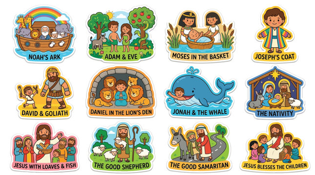Colorful vector illustration set featuring various iconic bible stories and characters for educational religious projects