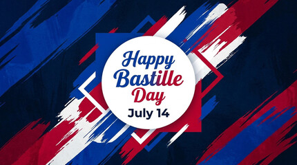 Happy Bastille Day July 14 text on a white circle with a blue, white, and red brush stroke background