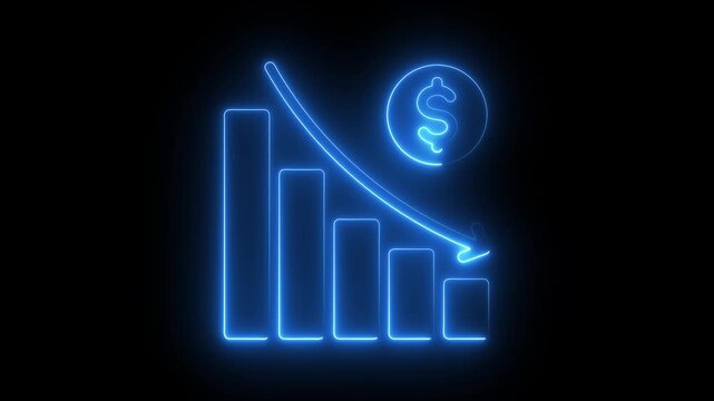 Neon Blue Bar Chart Falling Down with Dollar Sign and Arrow