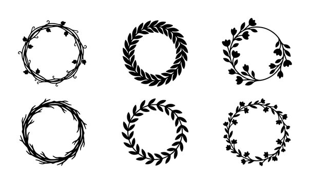 Set of 6 Black Floral Wreaths, Decorative Circular Frames, Elegant Botanical Borders for Design