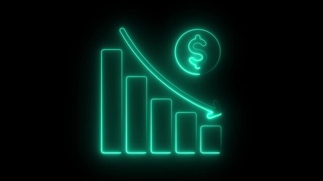 Neon Bar Chart Falling Downward with Dollar Sign, Representing Financial Decline