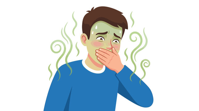 A colorful vector illustration of a sick man covering his mouth feeling very nauseous today