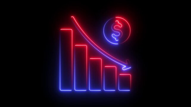 Neon Bar Chart Falling Down with Dollar Sign and Arrow