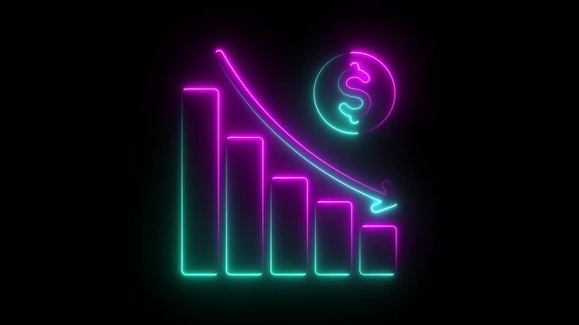 Neon Bar Chart Falling Down with Dollar Sign and Arrow, Representing Financial Decline